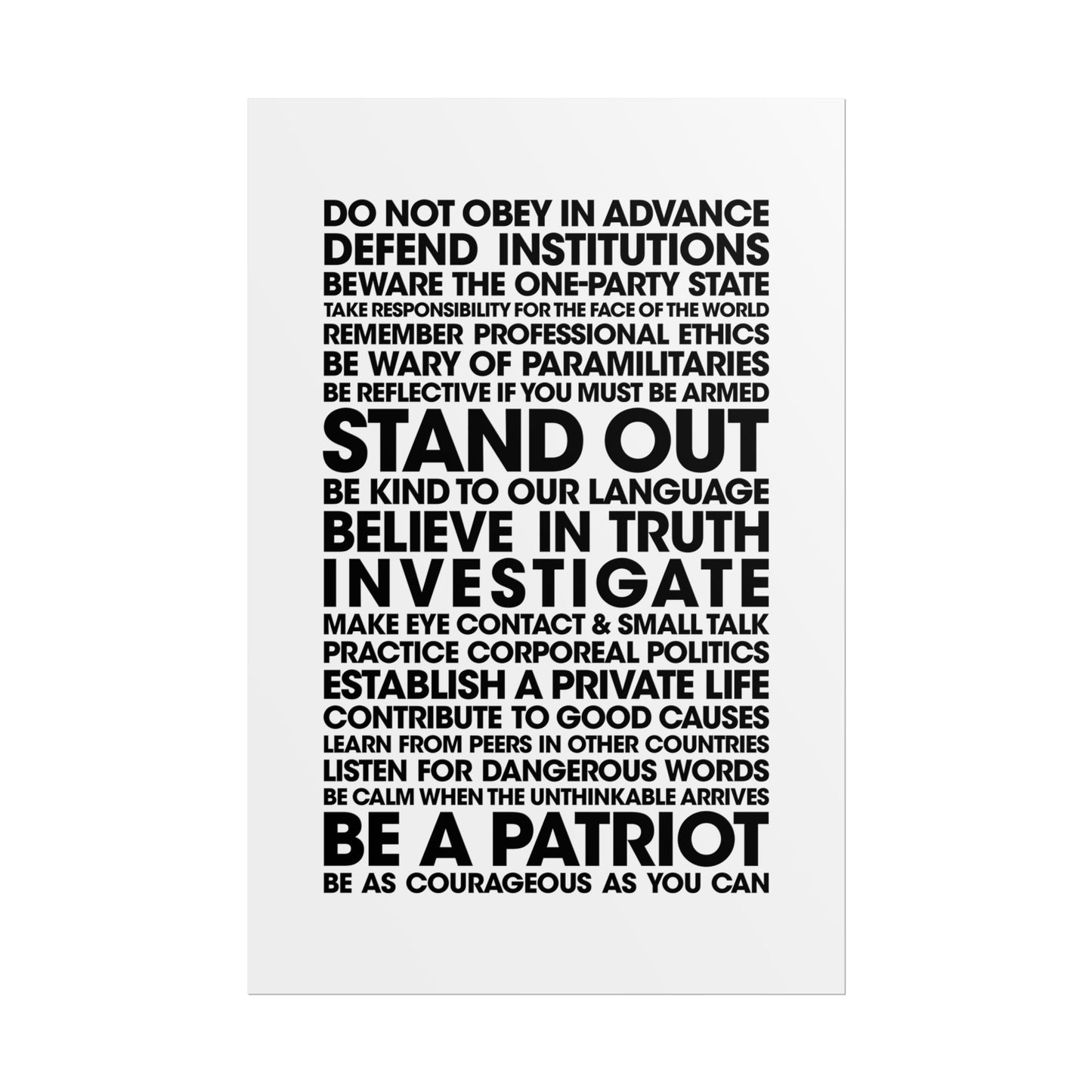 Poster - 20 Lessons for Fighting Fascism & Tyranny (Black and White)